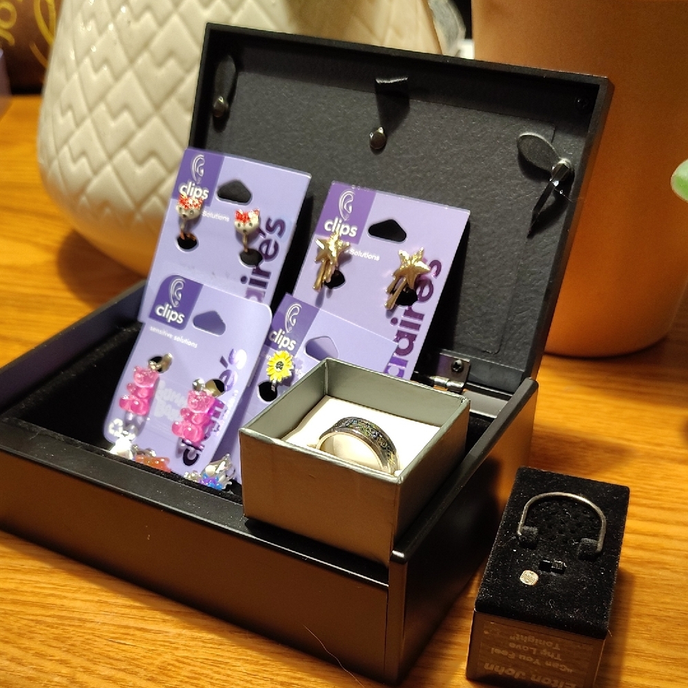 Assorted Clip On Earrings, Ring And Jewelry Box